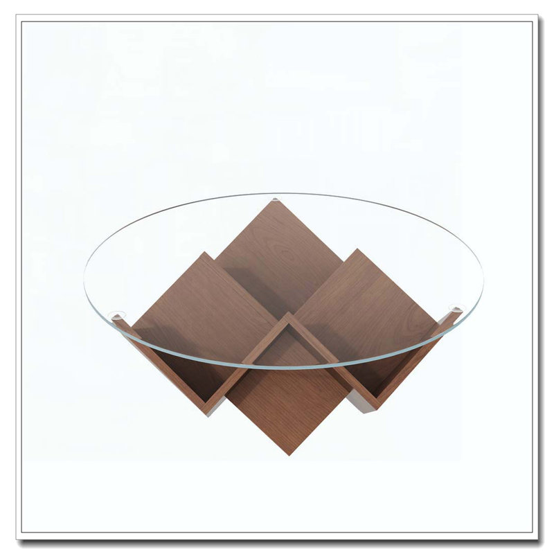 Table basse ronde avec plateau en verre et tablettes de rangement à motif géométrique abstrait noyer