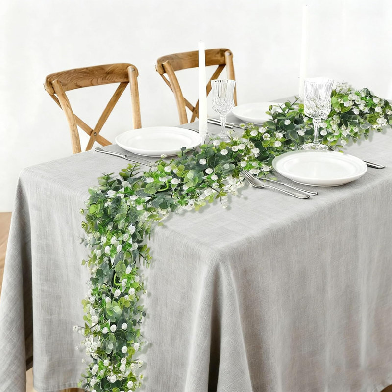 2 Pack 5.83Ft Artificial Eucalyptus Garland with White Flowers – Greenery Eucalyptus Vine Faux Green Leaf Garland, Faux Foliage Garlands for Wedding Arch Anniversary Table Runner Wall Home Decoration