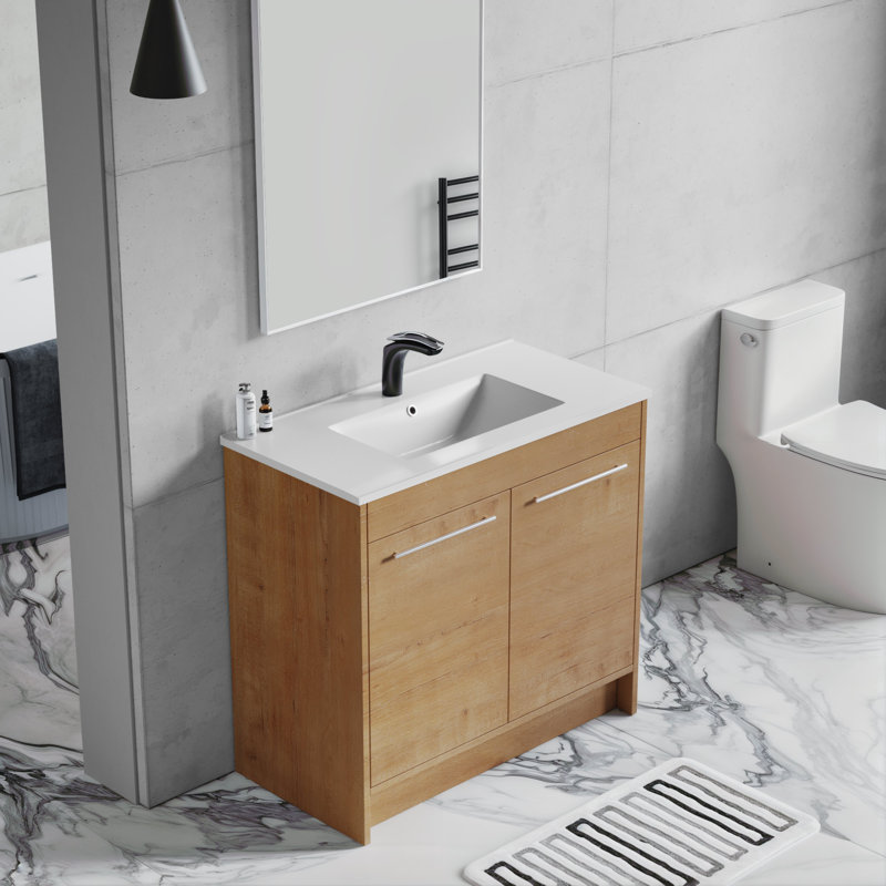 Grove Free Standing Single Bathroom Vanity with White Ceramic Sink, 2 Soft-Close Doors and 1 Adjustable Shelf, Floor Standing Vanity Set in Oak Natural