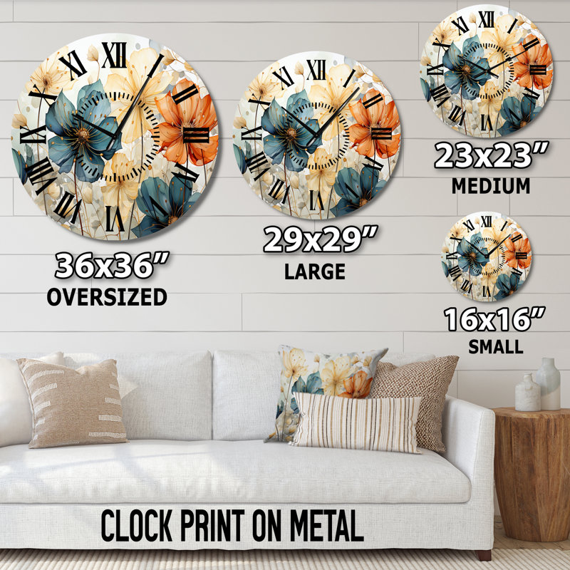 Horloge murale sarcelle avec pétales orange sarcelle I, Surdimensionné