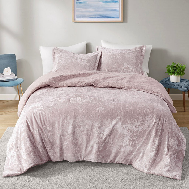 Ensemble d'édredon réversible en sherpa concassé, Édredon simple + 1 taie décorative, Mauve clair