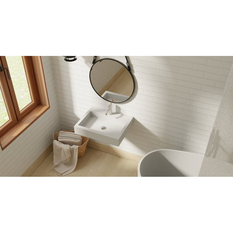 Badeloft 23.6" x 18.8" Rectangular Stone Resin Wall Mounted Bathroom Sink with Overflow WT-06-M-G in Glossy White