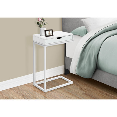 Table d'appoint, en forme de C, bout, côté, collation, tiroir de rangement, salon, chambre à coucher, stratifié blanc, métal blanc, contemporain, moderne