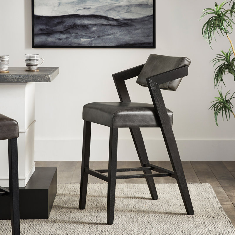 Cardone Wood Finish Chair - Black Wash Finish Frame, Charcoal Vegan Leather, Bar Stool (29" Seat Height)