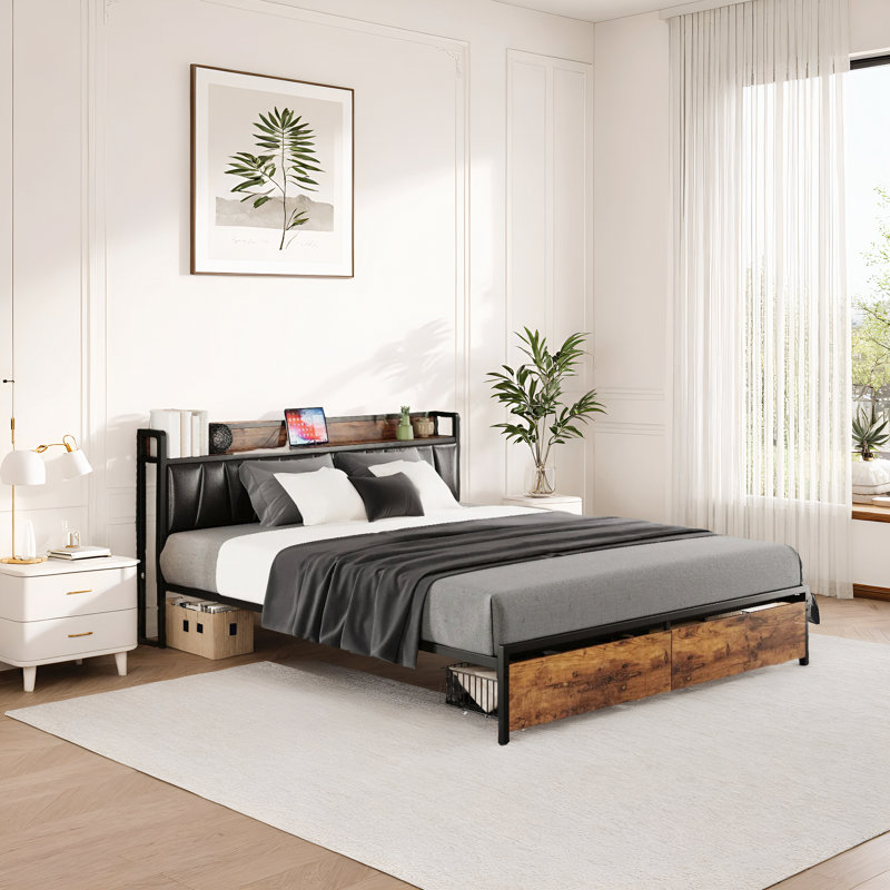Upholstered Industrial Platform Bed With Charging Headboard & Storage Drawers, California King