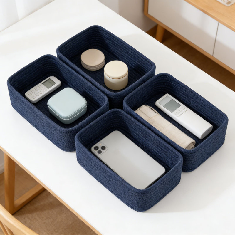 Woven Storage Baskets Set Of 4, Handwoven Cotton Rope Organizer Bins For Shelves, Closet, Desk, And Toy Storage, Decorative Rectangular Baskets For Home Organization
