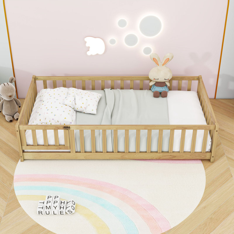 Wood Floor Bed With Fence, Natural, Twin