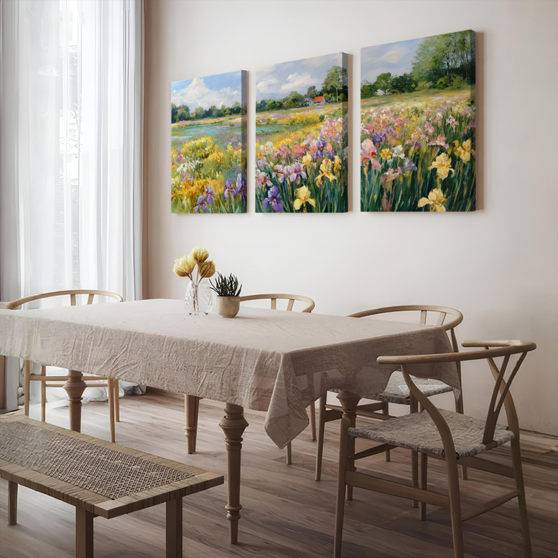 Floral Meadow, peinture à l'huile sur toile tendue, ensemble de 3 impressions pour le décor du salon, H 24 po x l 48 po