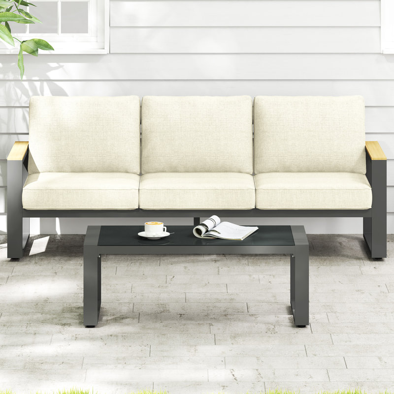 75" Outdoor Aluminum Sofa And Table With Cushion, Beige