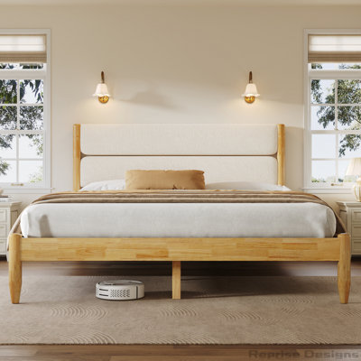 Solid Wood Bed Frame With Fleece Upholstered Headboard