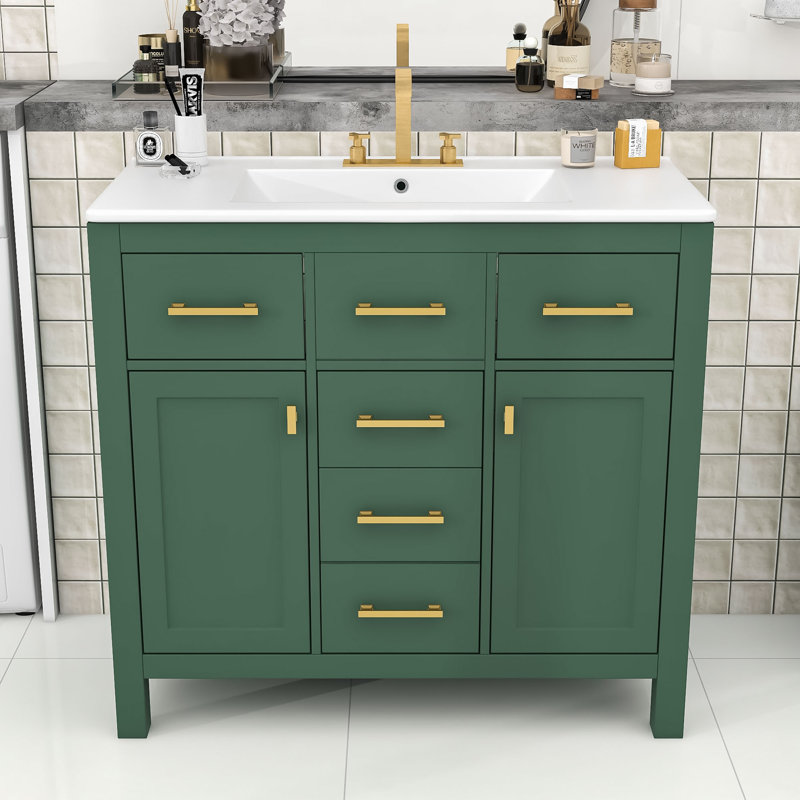Ensemble de meuble-lavabo autoportant avec lavabo en céramique et armoire de rangement 36 po Liburd, Vert