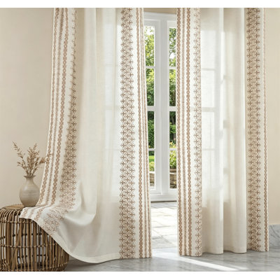 Boho Linen Curtains 84 Inch 2 Panels, Grommet Semi Sheer Embroidered Drapes for Living Room Bedroom Farmhouse, 52x84 Inch