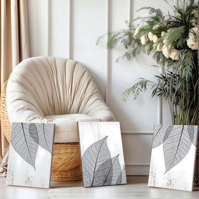 3 pièces d'art mural encadré, ensemble de 3 reproductions d'art sur toile à feuilles noires et blanches modernes, squelettes botaniques minimalistes, décoration de nature abstraite pour le salon, bureau de chambre à coucher, œuvre d'art monochrome élégante