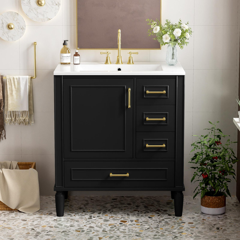 Meuble-lavabo autoportant de 30 po avec lavabo en céramique, Noir