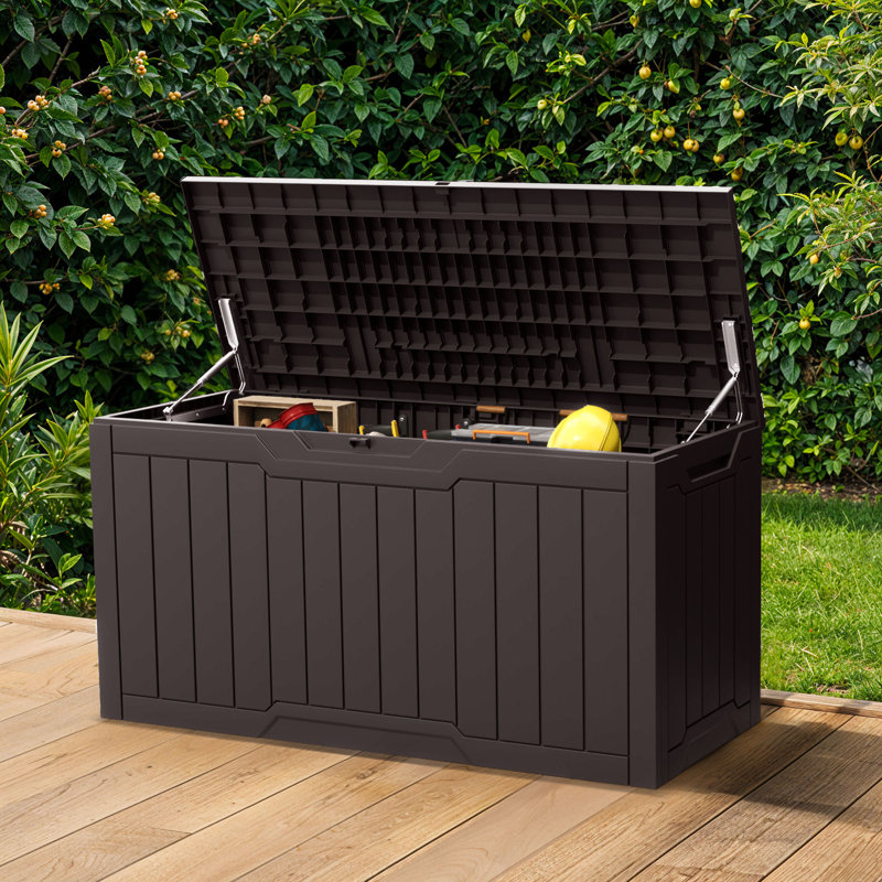 300 L Weather Resistant Resin Outdoor Storage Bench with Lockable Lid & 485 lb Capacity, 23" H x 45.4" W x 21.7" D, Brown