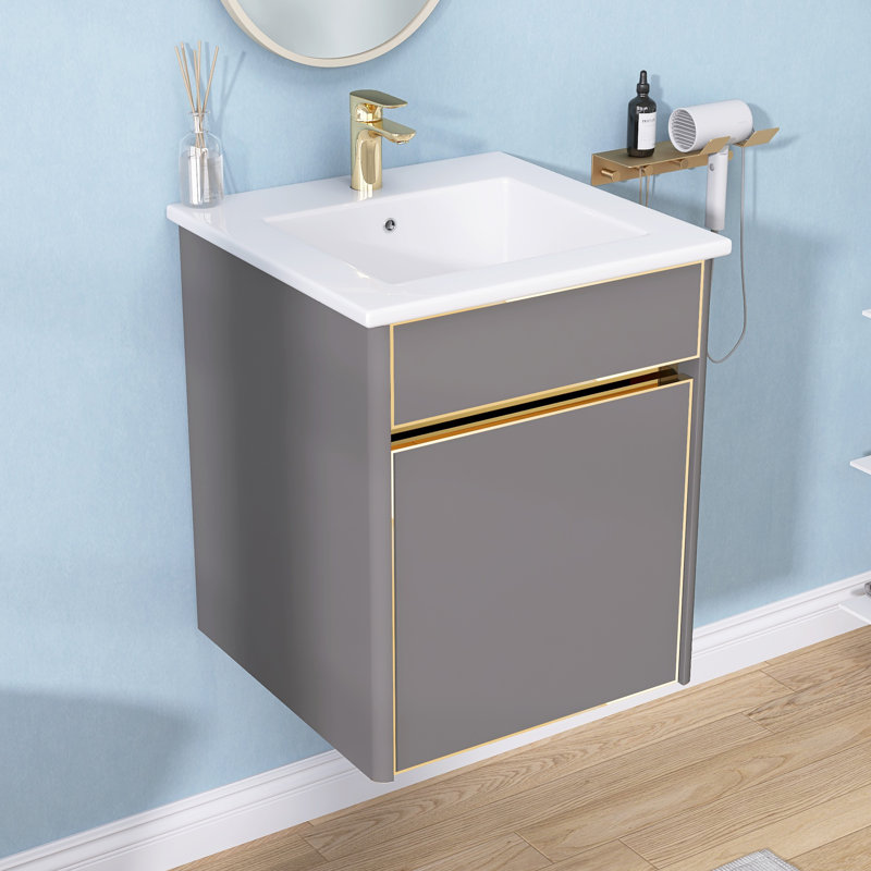 Venere Dark Grey Bathroom Vanity 16'' Floating Wall Mount Solid Surface Vanity Cabinet with Single Basin Vanity Top