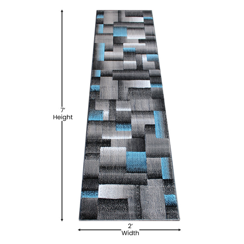 Modern Blue and Gray Geometric Style Color Blocked Indoor Area Rug, Runner 2' x 7'