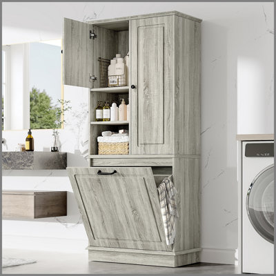 Grande armoire de rangement avec tablettes réglables, grand panier rabattable et armoires fermées - Parfait pour la salle de bain, le salon ou le bureau, matériau en bois aggloméré avec poignées en alliage d'aluminium