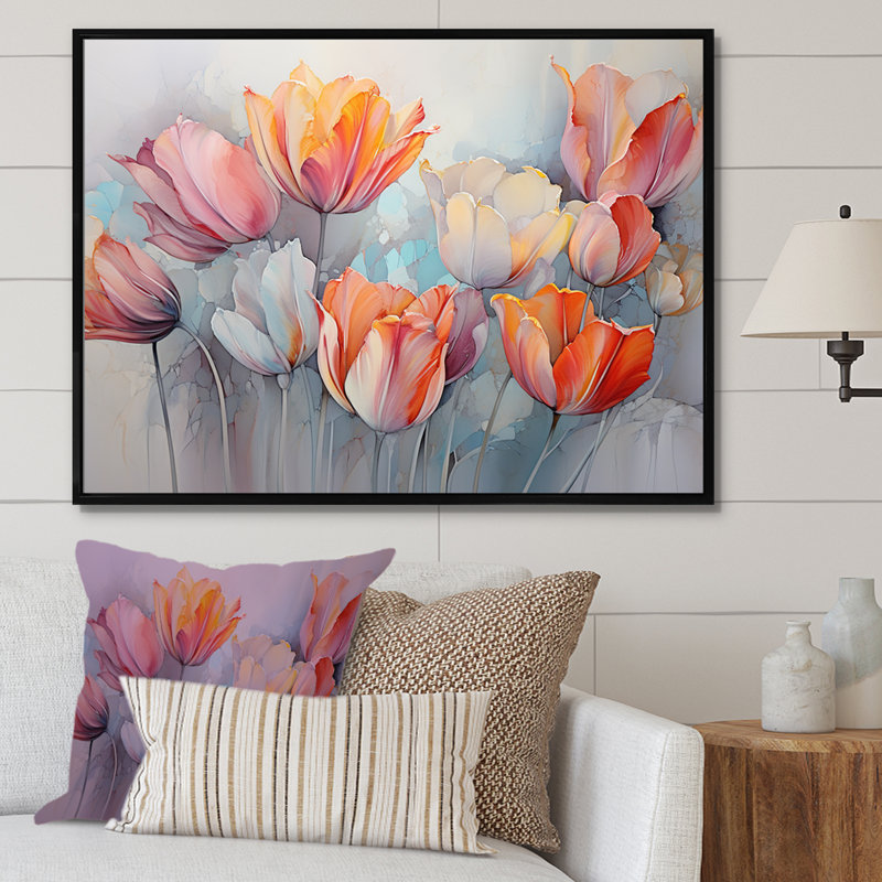 Minimalisme, tulipes rouges et grises sur toile, Cadre flottant noir, H 16 po x l 32 po x P 1 po