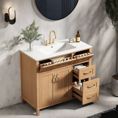 Meuble-lavabo moderne en bois avec lavabo en céramique, tiroirs à fermeture en douceur pour la maison