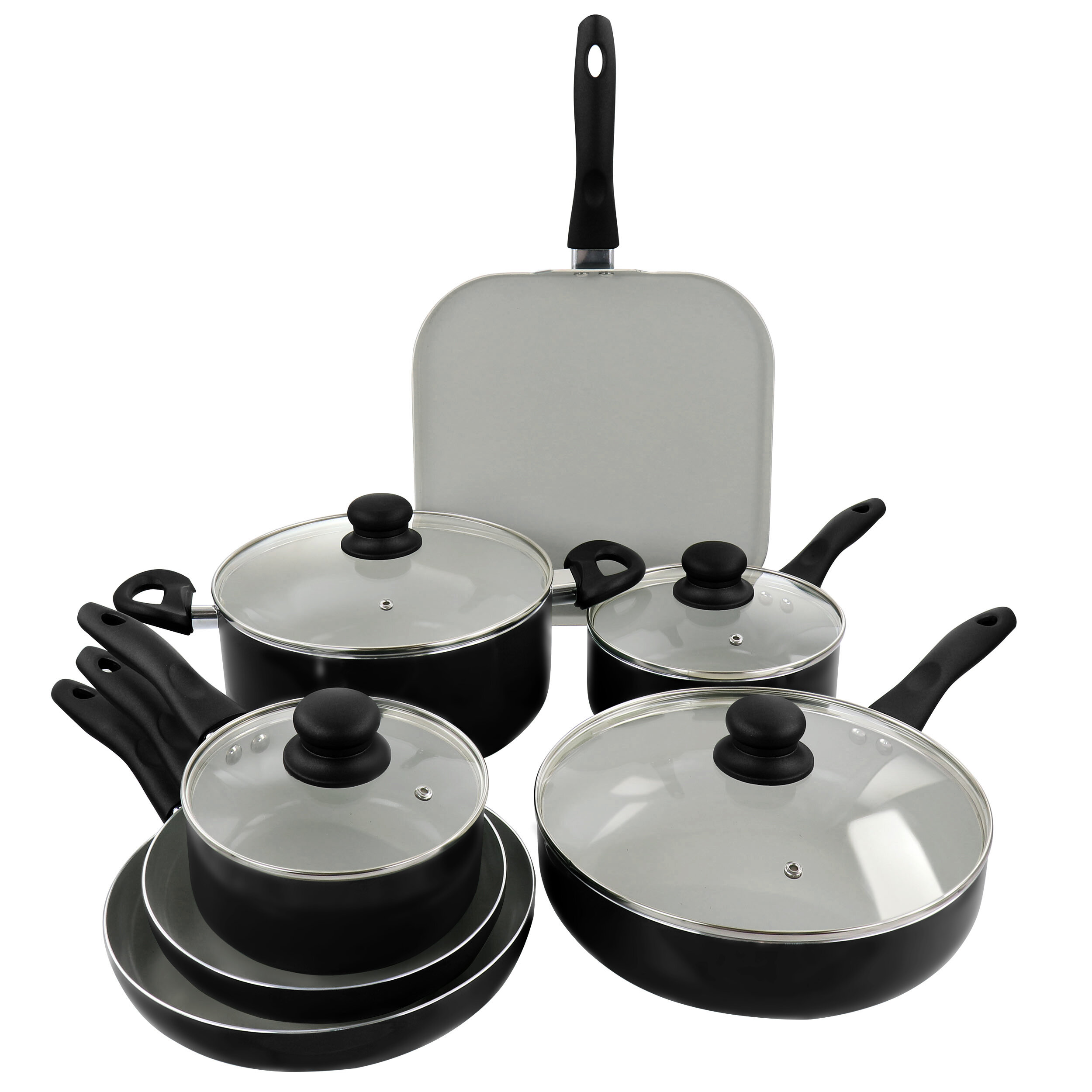 T-fal Initiatives Ceramic Nonstick Cookware Set, 14-Piece, Black