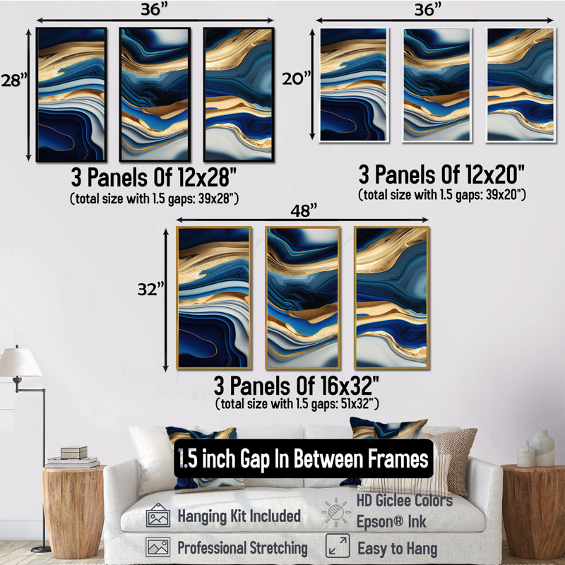 «Bannister Lunell Vibrant Blue and Gold Agate II», reproduction de 3 pièces, H 32 po x l 48 po x P 1 po, Cadre blanc