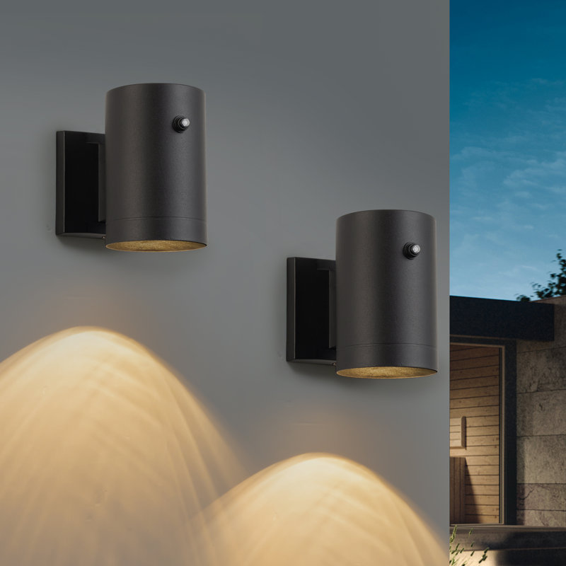 Black Aluminum Dusk To Dawn Cylinder Outdoor Wall Lantern Sconce (2-pack)