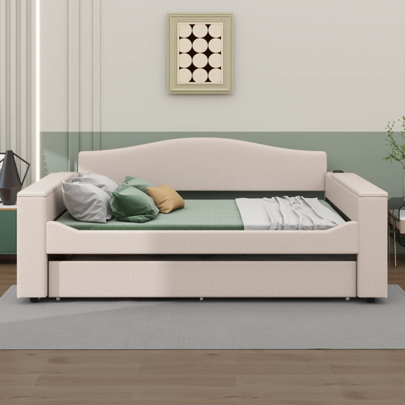 Lit de jour moelleux avec accoudoirs de rangement, tablettes sous le lit et système de son Bluetooth de pointe, Beige