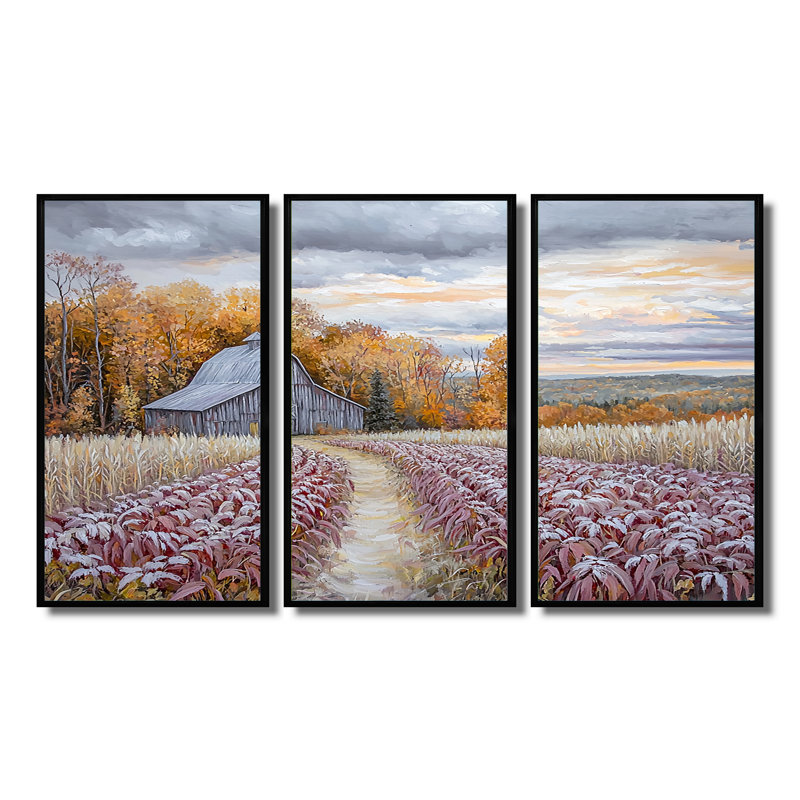 «Orange Farm Landscape Autumn Harvest», ensemble d'art mural de ferme, Toile avec cadre flottant noir