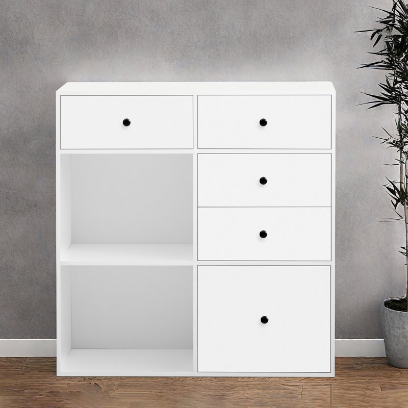 Buffet Cabinet Storage Sideboard With Drawers For Dining Room, Living Room, Kitchen Cabinets - An Open Shelf (Left) With Four Drawers (Right)