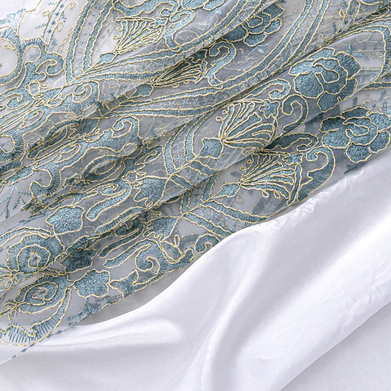 Ekene Window Curtain With Attached Valance & Backing, Ivory/Teal