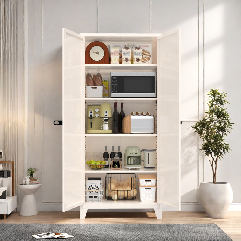 Multifunctional Metal Pantry With 2 Shapely Doors, Lock, 4 Adjustable Shelves 