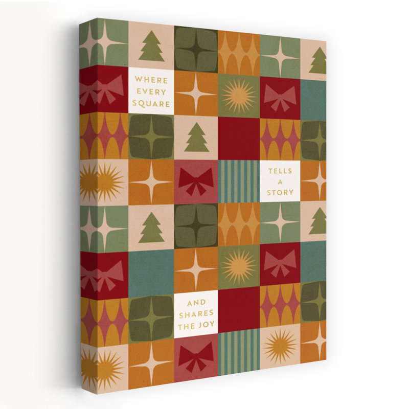 Retro Christmas Squares Abstract Colorful Geometric Christmas Tree Winter Landscape Wall Art Print 1 Piece Wrapped Canvas Wall Art