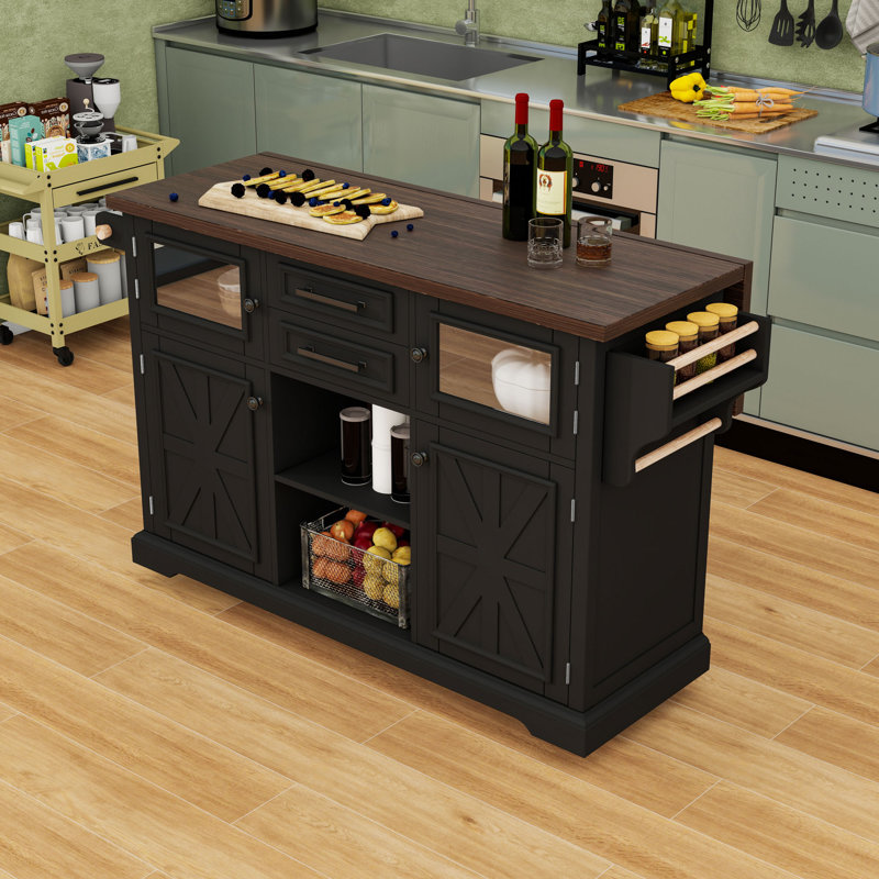 Îlot de cuisine avec abattant, station de charge, 2 tiroirs et tablettes réglables, Noir