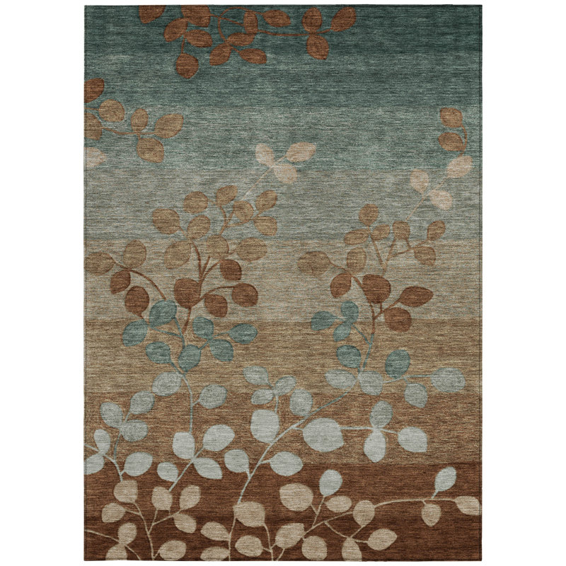 Tapis extérieur lavable floral brun et bleu sarcelle 10 pi x 14 pi