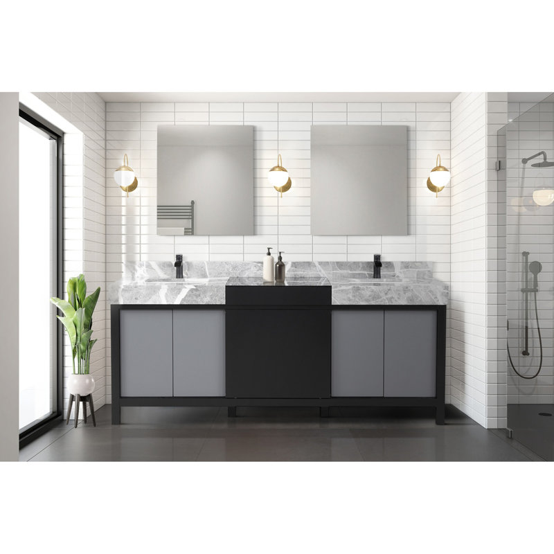 Ensemble de meuble-lavabo double noir et gris l 80 po x P 22 po, comptoir en marbre gris château et robinet noir mat, 80" W