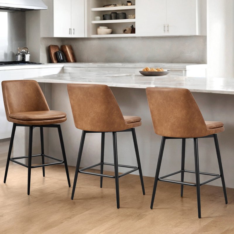 Betzalel Swivel Upholstered Counter Stool with Metal Frame, Brown