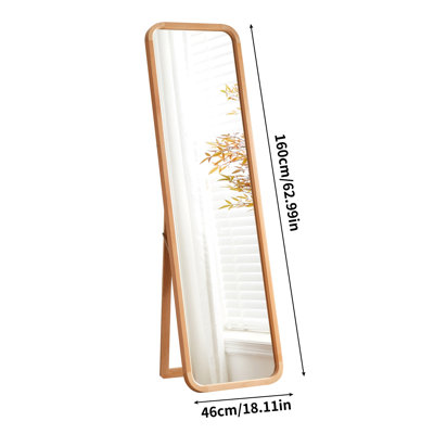 Solid Beech Wood Full Length Mirror, Freestanding Floor Mirror with Stand, Natural Wood Frame Body Mirror for Bedroom Living Room, 2-in-1 Wall Mounted Dressing Mirror