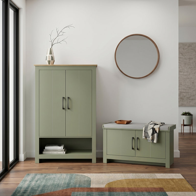 Limestone Entryway Shoe Bench And 2 Door Shoe Storage Cabinet Living Set, Kale Green
