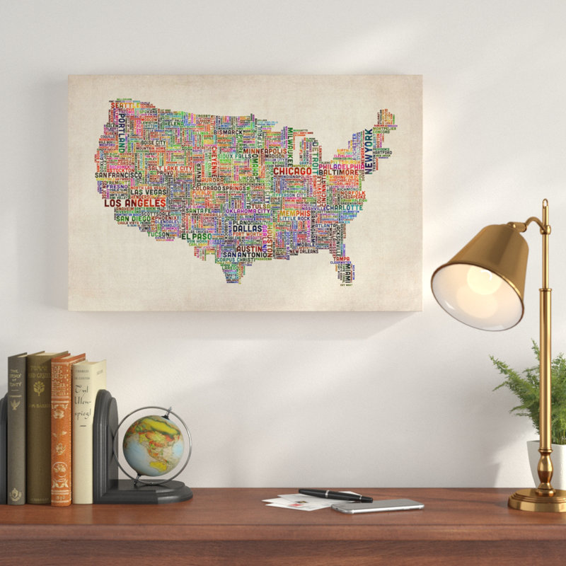 «US Villes Text Map», reproduction d'impression sur toile, H 16 po x l 24 po x P 2 po