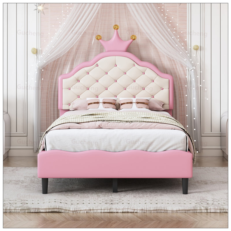 Lit Princess capitonné en polyuréthane avec tête de lit en forme de couronne et structure robuste pour les chambres confortables