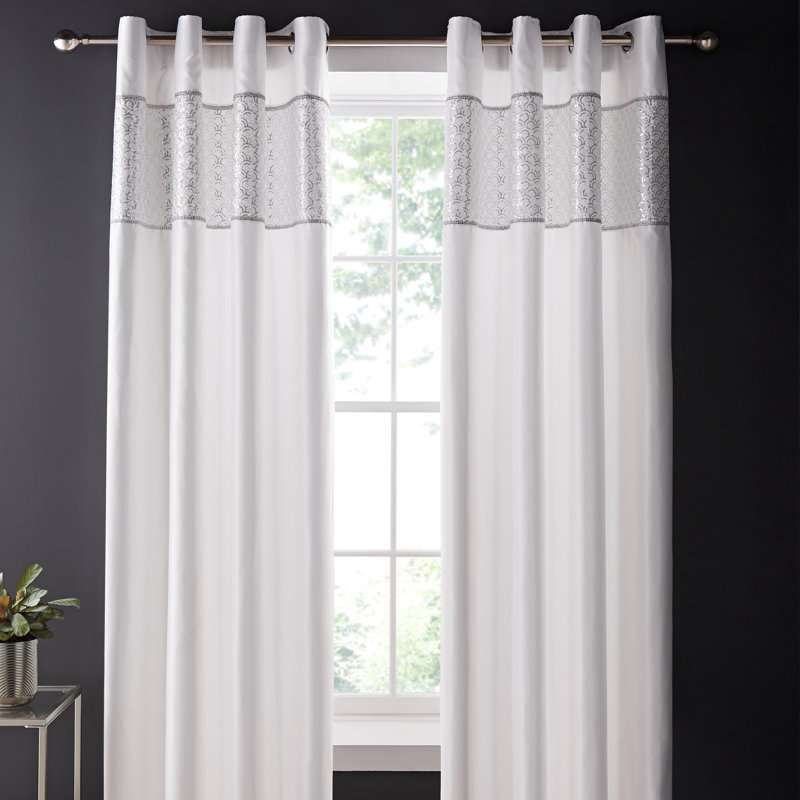 Deco Sequin Lined Eyelet Curtains, White