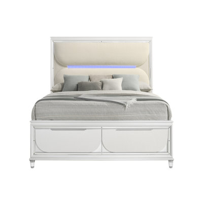 Ariadne 2-Drawer Storage Eastern King Platform Bed With LED Light, White Boucle & Pearl White Finish -  Rosdorf Park, 596DC4B842044496BB4FE48F667A7F19