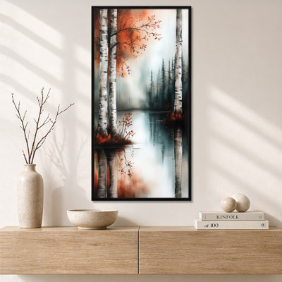 Orange White Copper Birch Lake II – Orange Tranquil Wall Art, Moody Canvas Print
