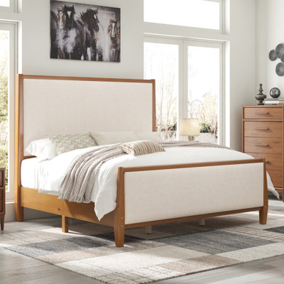 Solid Pine Bed with Upholstered Headboard and Footboard,Brown