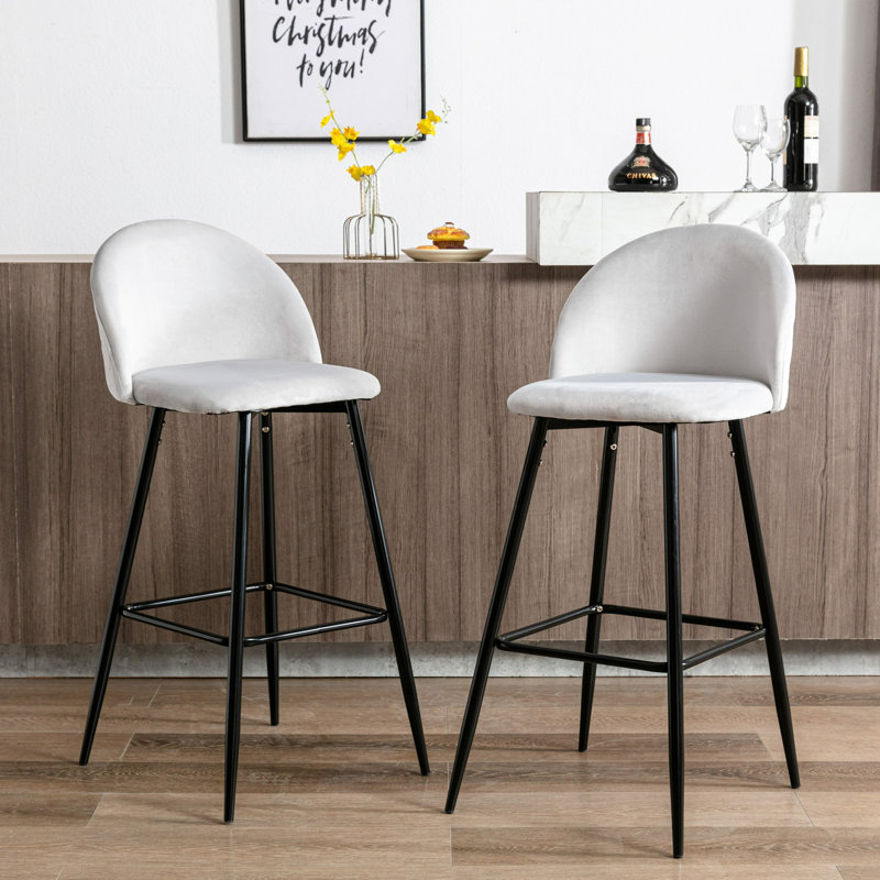 Upholstered Counter Stool with Metal Frame, Light Grey