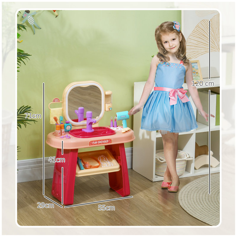 Ensemble de coiffeuse Qabo, table de maquillage pour tout-petits avec robinet, miroir, lumière à DEL, musique, 23 accessoires, ensemble de jeu pour filles 3-6 ans