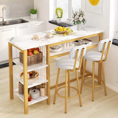 Modern 3-Piece Bar Table Set with PU Cushion Stools & 3-Tier Storage by Wrought Studio