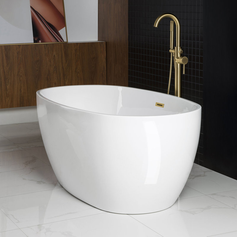 59" x 32" Freestanding Soaking Acrylic Bathtub, Brushed Gold, White