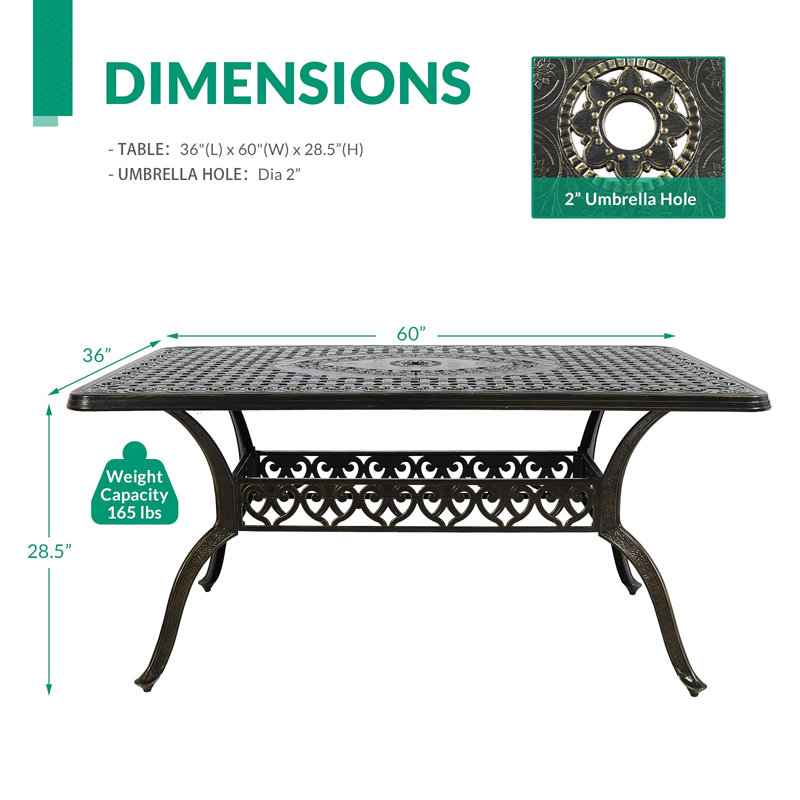Rectangular Metal Outdoor Dining Table With Umbrella Hole , 59.98'' in. W 35.98'' in. D, Bronze